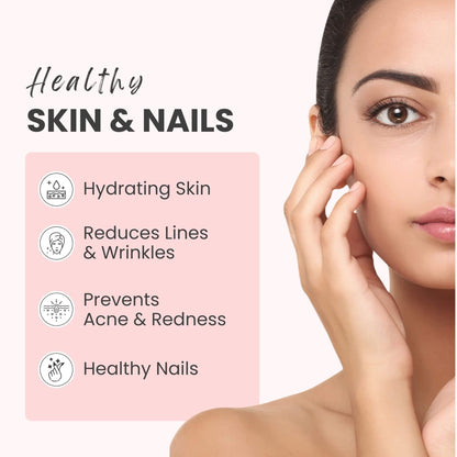 An image highlighting the key benefits of Projoy Clear Skin Probiotic with Prebiotics, including improved skin health, reduced inflammation, reduce lines, wrinkles, prevents acnes, redness, and improves nail health.