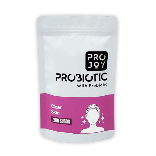 "Projoy Probiotic Food Supplement Powder in a Standup Pouch for Clear and Beautiful Skin" - The image may show a standup pouch package of Projoy probiotic food supplement powder, featuring the product name and a tagline promoting its benefits for achieving clear and beautiful skin.
