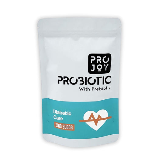 "Projoy Probiotic Food Supplement Powder in a Standup Pouch for Managing Diabetes Side Effects" - The image may show a standup pouch package of Projoy probiotic food supplement powder, featuring the product name and a tagline promoting its benefits for managing side effects of diabetes.