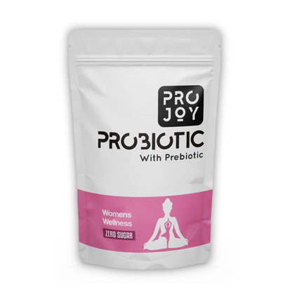 Projoy Probiotic Powder for Women's Strong Digestion, Metabolism, Immunity, and Reproductive Health" - The image may show a container of Projoy probiotic powder, featuring the product name and a tagline promoting its benefits for women's health.