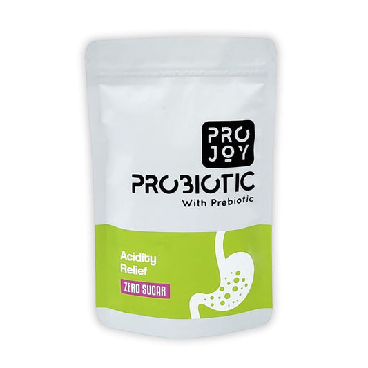 "Projoy Probiotic Food Supplement Powder in a Standup Pouch for Acidity Relief" - The image may show a standup pouch package of Projoy probiotic food supplement powder, featuring the product name and a tagline promoting its benefits for acidity relief.