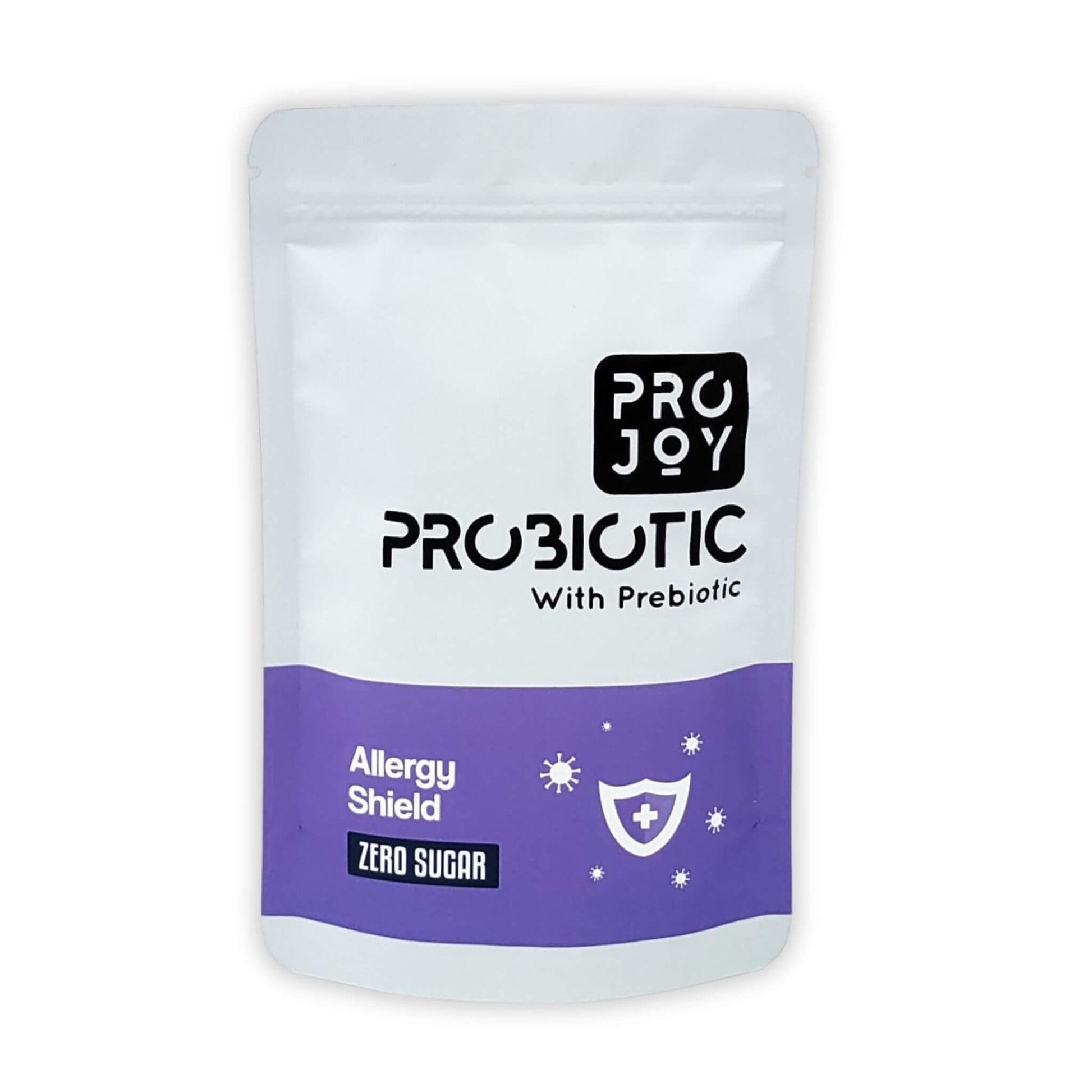 "Projoy Probiotic Food Supplement Powder in a Standup Pouch for Allergy Relief and Prevention" - The image may show a standup pouch package of Projoy probiotic food supplement powder, featuring the product name and a tagline promoting its benefits for allergy relief and prevention.