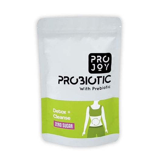 "Projoy Probiotic Food Supplement Powder in a Standup Pouch for Digestive Health, Detox, and Cleansing" - The image may show a standup pouch package of Projoy probiotic food supplement powder, featuring the product name and a tagline promoting its benefits for digestive health, detox, and cleansing.