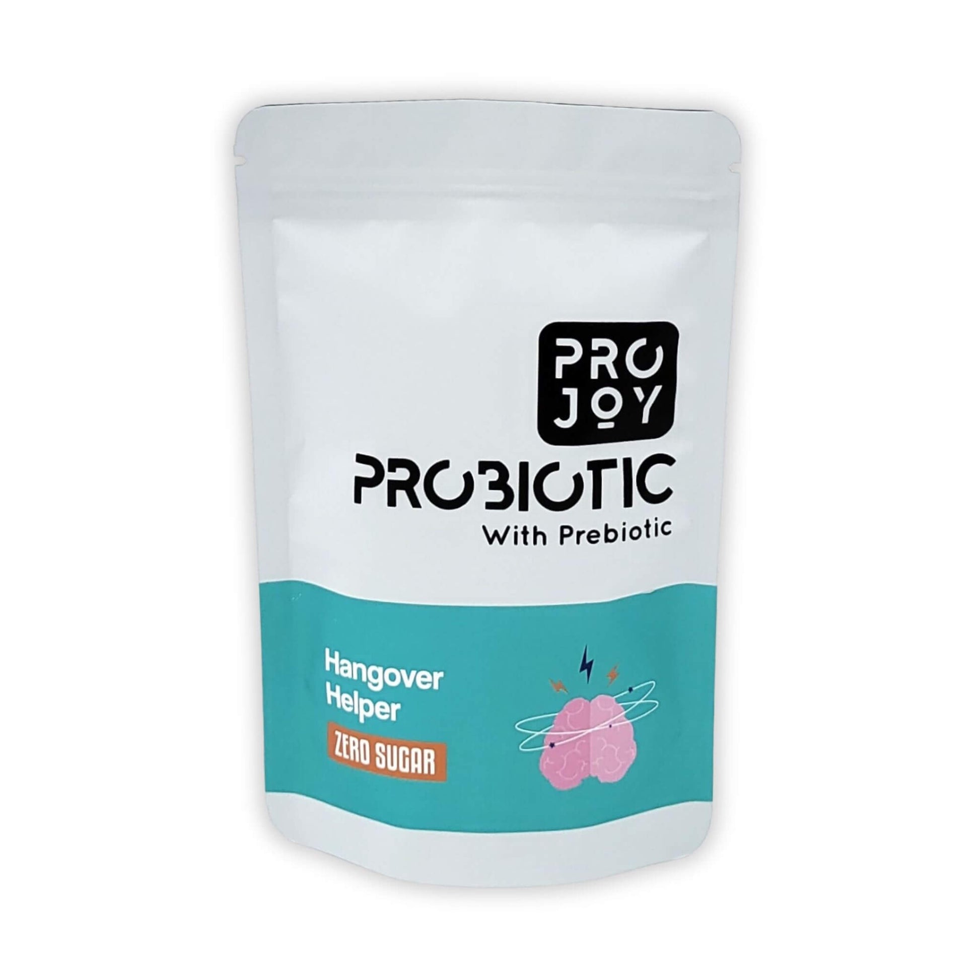Image of Projoy Hangover Helper Probiotic with Prebiotic, featuring a standup pouch with a vanilla flavor. The product contains 20 billion CFU, 7 strains, and 1g of prebiotic. It is free from added sugar.