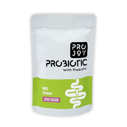 "Projoy Probiotic Food Supplement Powder in a Standup Pouch for Digestive Health and IBS Relief" - The image may show a standup pouch package of Projoy probiotic food supplement powder, featuring the product name and a tagline promoting its benefits for digestive health and relief from Irritable Bowel Syndrome (IBS).