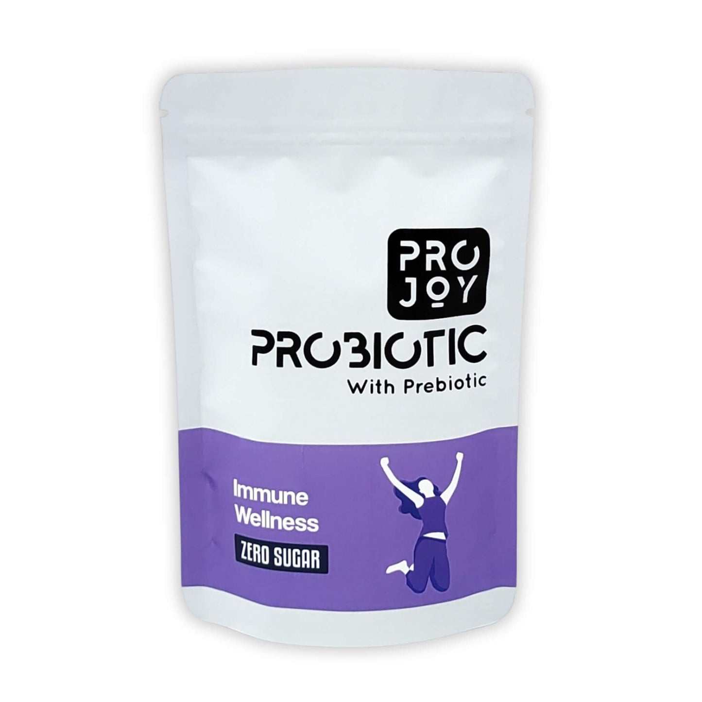 Projoy Probiotic Food Supplement Powder in a Standup Pouch for Improved Immune Health" - The image may show a standup pouch package of Projoy probiotic food supplement powder, featuring the product name and a tagline promoting its benefits for immune health.