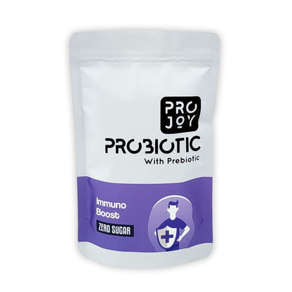 "Projoy Probiotic Food Supplement Powder in a Standup Pouch for Improved Immune System Health" - The image may show a standup pouch package of Projoy probiotic food supplement powder, featuring the product name and a tagline promoting its benefits for improving immune system health.