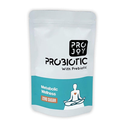 Projoy Probiotic Food Supplement Powder in a Standup Pouch for Overall Metabolic Health" - The image may show a standup pouch package of Projoy probiotic food supplement powder, featuring the product name and a tagline promoting its benefits for overall metabolic health.