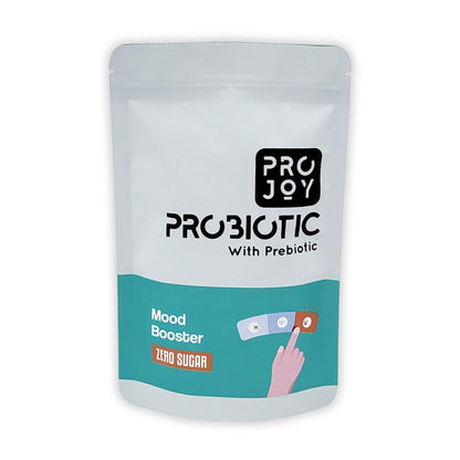 Projoy Mood Booster Probiotic with Prebiotic - Standup Pouch: Enhance your mood and well-being with this vanilla-flavored probiotic. Contains 20 billion CFU, 7 strains, and 1g prebiotic. No added sugar.