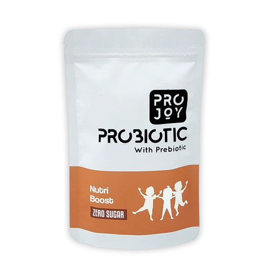 "Projoy Probiotic Food Supplement Powder in a Standup Pouch for Kids' Growth and Development with Better Nutrient Absorption" - The image may show a standup pouch package of Projoy probiotic food supplement powder, featuring the product name and a tagline promoting its benefits for kids' growth and development with better nutrient absorption.