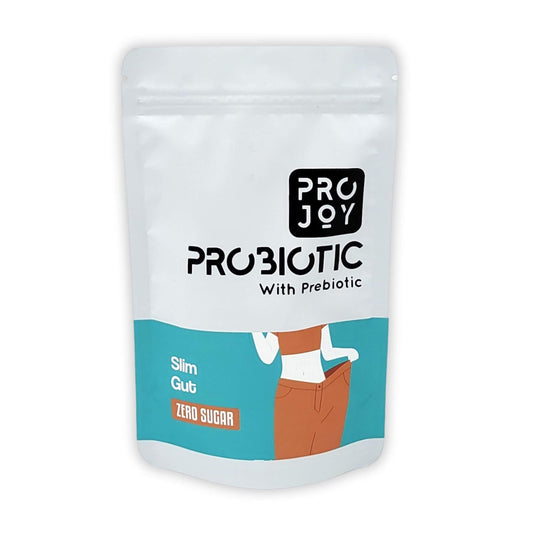 "Projoy Probiotic Food Supplement Powder in a Standup Pouch for Managing Weight and Obesity" - The image may show a standup pouch package of Projoy probiotic food supplement powder, featuring the product name and a tagline promoting its benefits for managing weight and obesity.