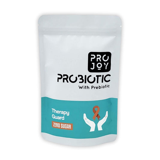 Image of Projoy Therapy Guard Probiotic with Prebiotic, featuring a standup pouch with a vanilla flavor. The product contains 20 billion CFU, 7 strains, and 1g of prebiotic. It is free from added sugar.