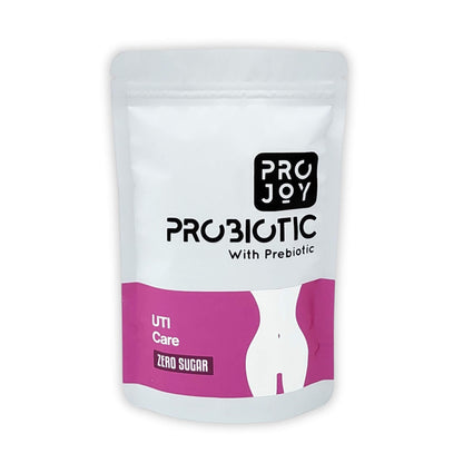 Projoy Probiotic Food Supplement Powder in a Standup Pouch for Better UTI and Vaginal Health" - The image may show a standup pouch package of Projoy probiotic food supplement powder, featuring the product name and a tagline promoting its benefits for better urinary tract infection (UTI) and vaginal health.