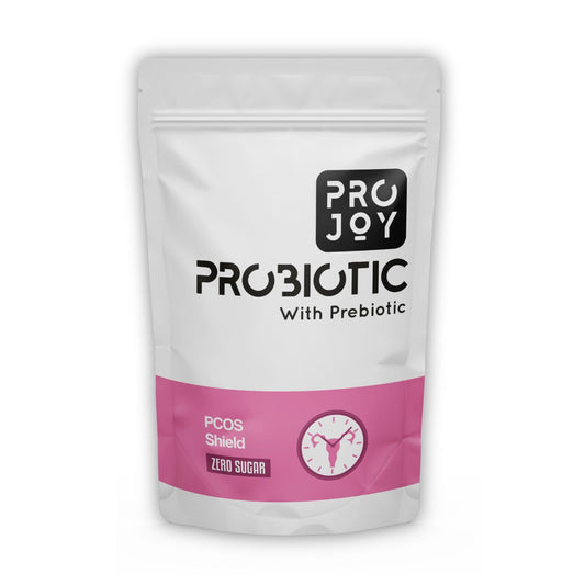 Projoy Probiotic Food Supplement Powder in a Standup Pouch for Better PCOS Management" - The image may show a standup pouch package of Projoy probiotic food supplement powder, featuring the product name and a tagline promoting its benefits for better PCOS (Polycystic Ovary Syndrome) management.