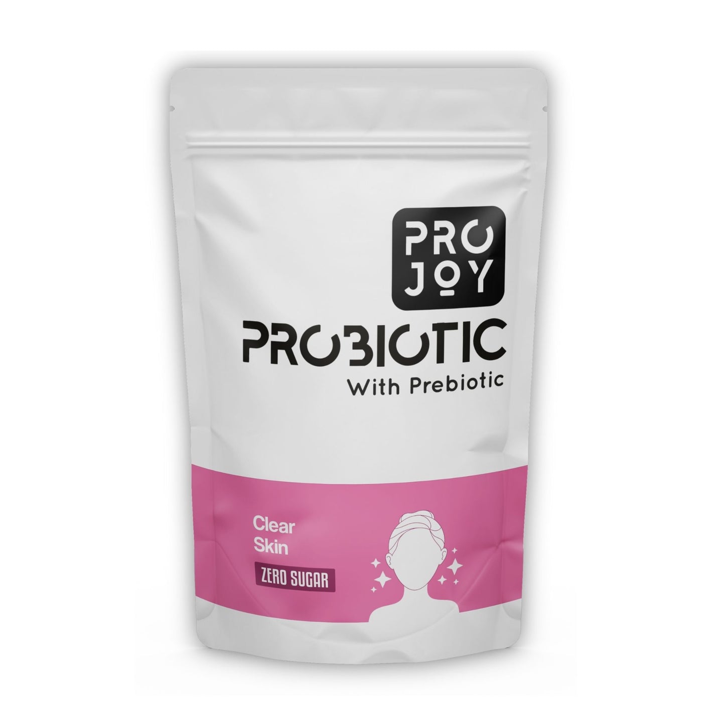 Projoy Probiotic Food Supplement Powder in a Standup Pouch for Clear and Beautiful Skin" - The image may show a standup pouch package of Projoy probiotic food supplement powder, featuring the product name and a tagline promoting its benefits for achieving clear and beautiful skin.