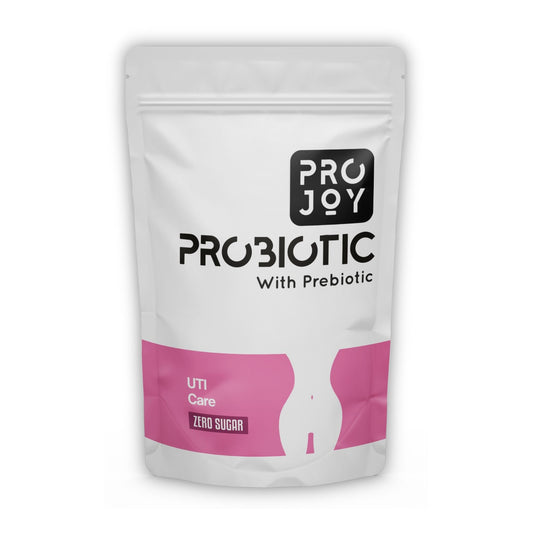 Projoy Probiotic Food Supplement Powder in a Standup Pouch for Better UTI and Vaginal Health" - The image may show a standup pouch package of Projoy probiotic food supplement powder, featuring the product name and a tagline promoting its benefits for better urinary tract infection (UTI) and vaginal health.