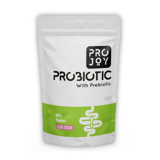 Projoy Probiotic Food Supplement Powder in a Standup Pouch for Digestive Health and IBS Relief" - The image may show a standup pouch package of Projoy probiotic food supplement powder, featuring the product name and a tagline promoting its benefits for digestive health and relief from Irritable Bowel Syndrome (IBS).