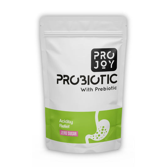 Projoy Probiotic Food Supplement Powder in a Standup Pouch for Acidity Relief" - The image may show a standup pouch package of Projoy probiotic food supplement powder, featuring the product name and a tagline promoting its benefits for acidity relief.