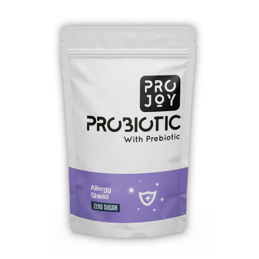 Projoy Probiotic Food Supplement Powder in a Standup Pouch for Allergy Relief and Prevention" - The image may show a standup pouch package of Projoy probiotic food supplement powder, featuring the product name and a tagline promoting its benefits for allergy relief and prevention.