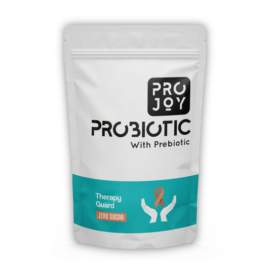 Image of Projoy Therapy Guard Probiotic with Prebiotic, featuring a standup pouch with a vanilla flavor. The product contains 20 billion CFU, 7 strains, and 1g of prebiotic. It is free from added sugar.