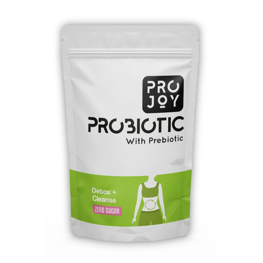 Projoy Probiotic Food Supplement Powder in a Standup Pouch for Digestive Health, Detox, and Cleansing" - The image may show a standup pouch package of Projoy probiotic food supplement powder, featuring the product name and a tagline promoting its benefits for digestive health, detox, and cleansing.