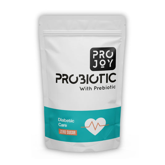 Projoy Probiotic Food Supplement Powder in a Standup Pouch for Managing Diabetes Side Effects" - The image may show a standup pouch package of Projoy probiotic food supplement powder, featuring the product name and a tagline promoting its benefits for managing side effects of diabetes.