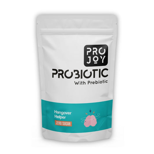 Image of Projoy Hangover Helper Probiotic with Prebiotic, featuring a standup pouch with a vanilla flavor. The product contains 20 billion CFU, 7 strains, and 1g of prebiotic. It is free from added sugar.