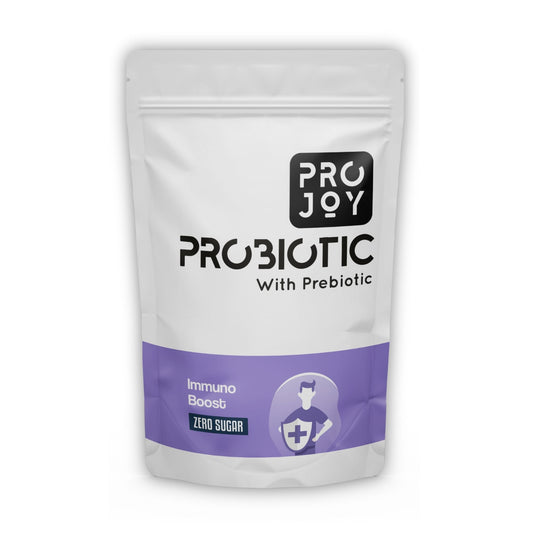 Projoy Probiotic Food Supplement Powder in a Standup Pouch for Improved Immune System Health" - The image may show a standup pouch package of Projoy probiotic food supplement powder, featuring the product name and a tagline promoting its benefits for improving immune system health.