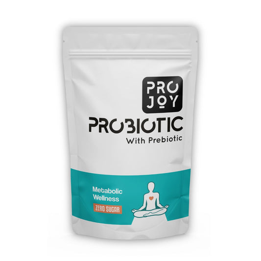 Projoy Probiotic Food Supplement Powder in a Standup Pouch for Overall Metabolic Health" - The image may show a standup pouch package of Projoy probiotic food supplement powder, featuring the product name and a tagline promoting its benefits for overall metabolic health.