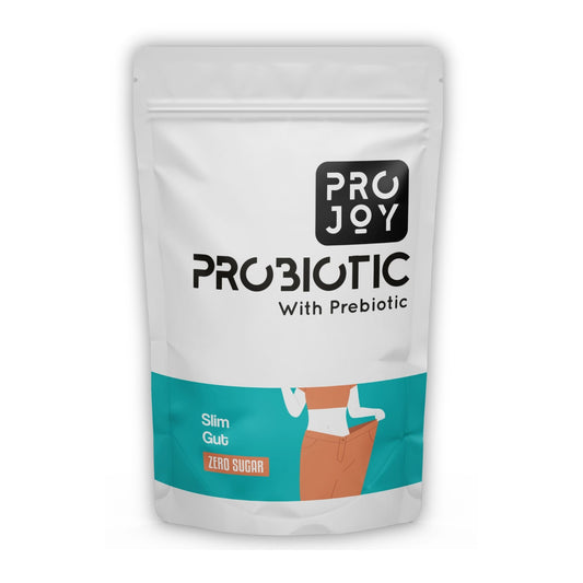 Projoy Probiotic Food Supplement Powder in a Standup Pouch for Managing Weight and Obesity" - The image may show a standup pouch package of Projoy probiotic food supplement powder, featuring the product name and a tagline promoting its benefits for managing weight and obesity.