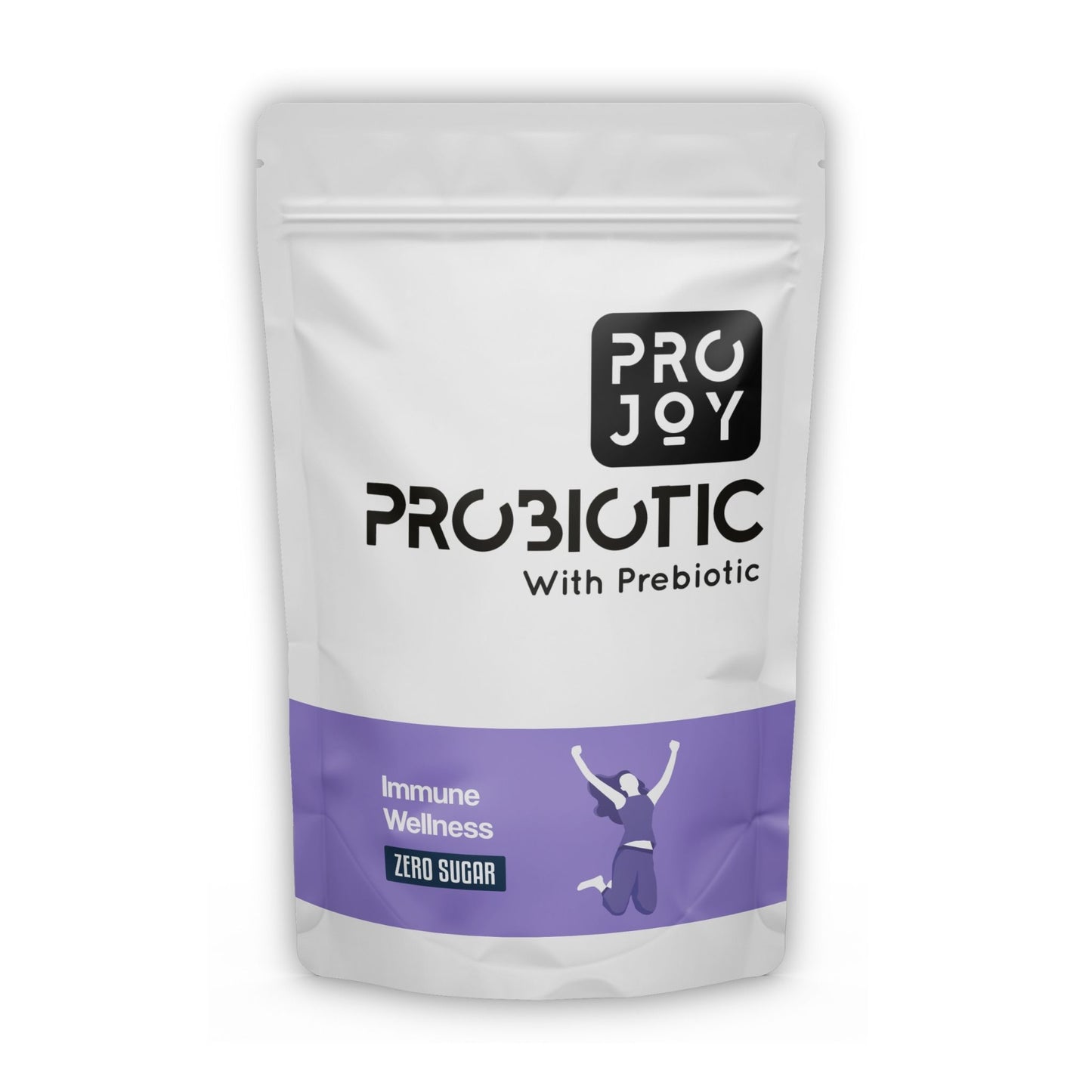 Projoy Probiotic Food Supplement Powder in a Standup Pouch for Improved Immune Health" - The image may show a standup pouch package of Projoy probiotic food supplement powder, featuring the product name and a tagline promoting its benefits for immune health.