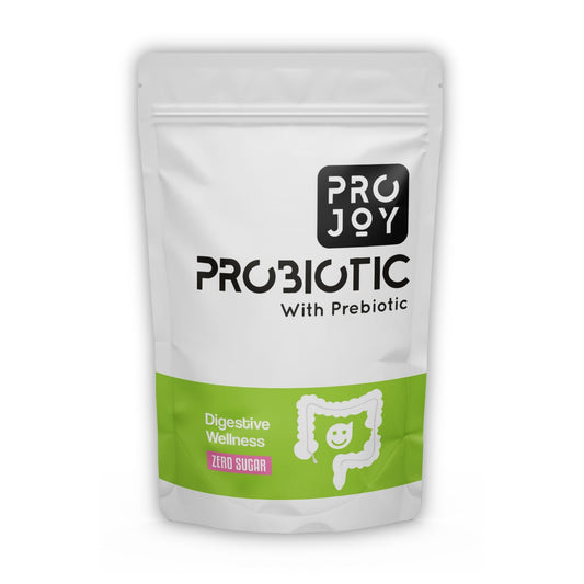 Projoy Probiotic Food Supplement Powder in a Standup Pouch for Improved Digestive Health" - The image may show a standup pouch package of Projoy probiotic food supplement powder, featuring the product name and a tagline promoting its benefits for digestive health.